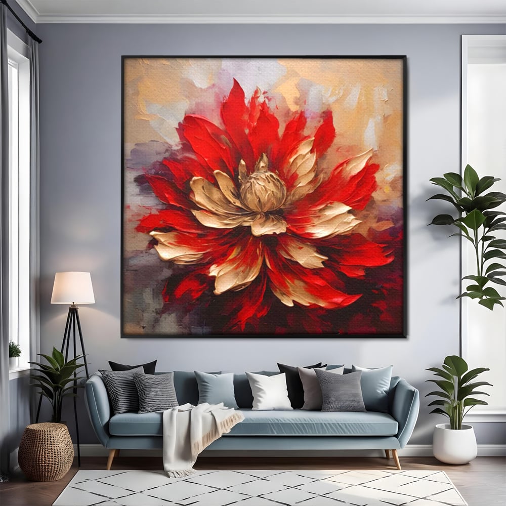 Tablou canvas cu pictura cu o floare rosie si aurie in relief, in rama de aluminiu negru, pe perete intr-un living